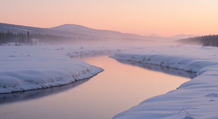 Serene Winter Landscape River Through Snowy Fields with Distant Mountains and Soft Pastel Sky Early Morning Light