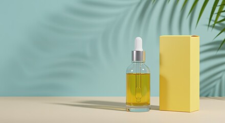 Elegant Serum Bottle with Yellow Box Displayed on a Beige Surface Against a Blue Backdrop with Palm Leaf Shadows Creating a Tropical Ambiance