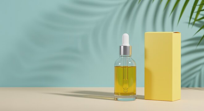 Elegant Serum Bottle with Yellow Box Displayed on a Beige Surface Against a Blue Backdrop with Palm Leaf Shadows Creating a Tropical Ambiance