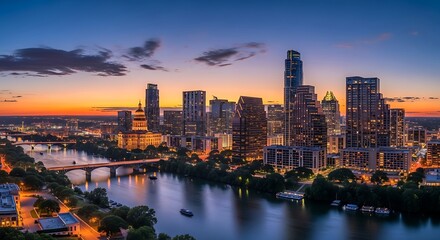 Fototapeta premium Austin Texas skyline at dusk with the Colorado River reflecting the city lights