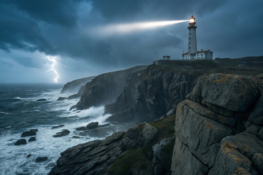Lighthouse on a rocky cliff during a stormy night with lightning