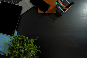 office desk with computer and supplies. Table Top view with space for your text.