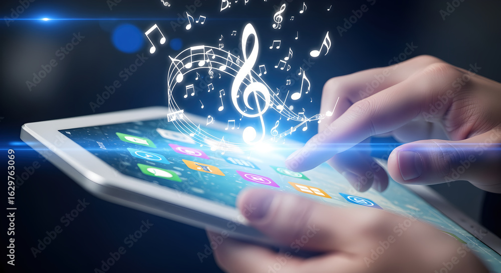 Poster hands touching tablet with music note graphics and glowing icons on screen