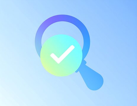 Abstract magnifying glass icon with checkmark.  Gradient background