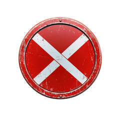 Obraz premium Distressed red railroad crossing sign with white cross, symbol of caution and safety for transportation and industrial applications on transparent background