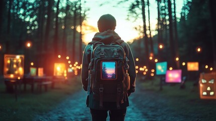 Person with backpack walks path, illuminated by glowing frames in a forest at sunset