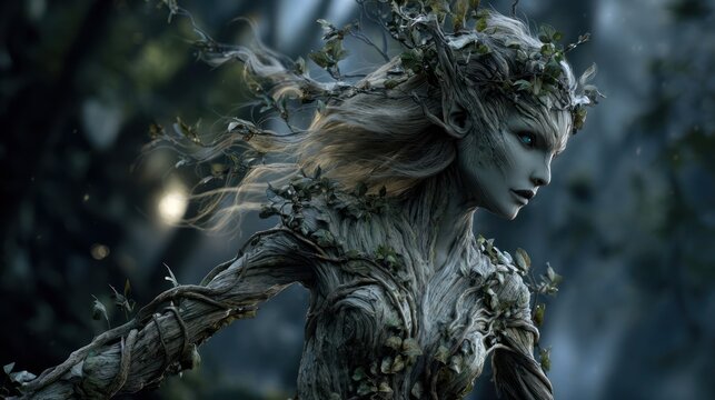 Woman, Nature Spirit, Forest Goddess, wearing foliage, walking deep forest