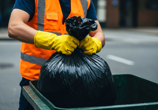 Waste collection in urban area by sanitation worker during daytime