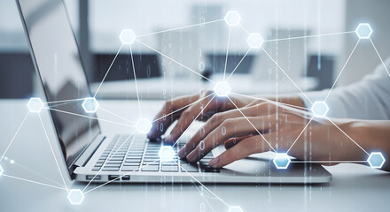 Hands Typing on Laptop Keyboard with Digital Network Overlays Futuristic Technology Background