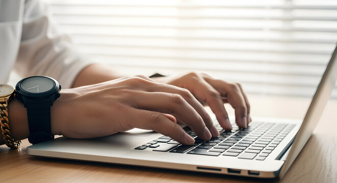 Hands Typing on Laptop Keyboard with Wooden Desk Natural Light and Gold Watch for Business Professionalism and Technological Proficiency