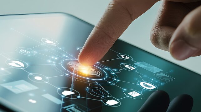 Finger touching futuristic digital interface with glowing icons and network connections