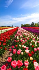 Vibrant tulip fields under a bright sky