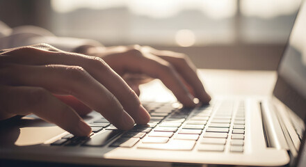 Hands Typing on Silver Laptop Keyboard in Warm Sunlight with Blurred Window Creates a Productive and Focused Atmosphere