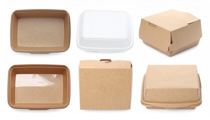 Variety of eco-friendly takeaway food containers made from cardboard and plastic