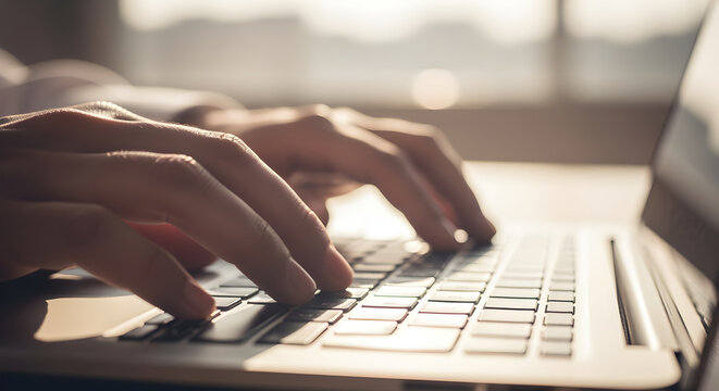 Hands Typing on Silver Laptop Keyboard in Warm Sunlight with Blurred Window Creates a Productive and Focused Atmosphere