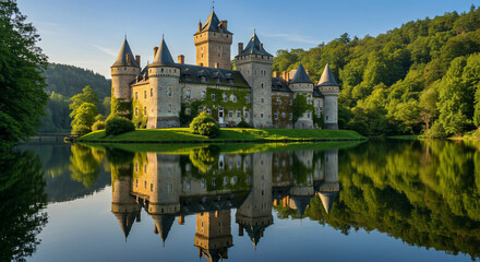 Obraz premium A beautiful castle reflecting in the water surrounded by trees and a clear blue sky above it all