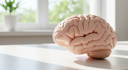Human Brain Model Placed on Table by Window Depicting Cognitive Function and Intellectual Capacity with Natural Light and Serene Ambience