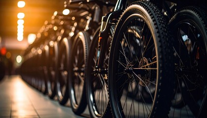 Bicycle wheels lined up in warehouse ready for sales and distribution activity