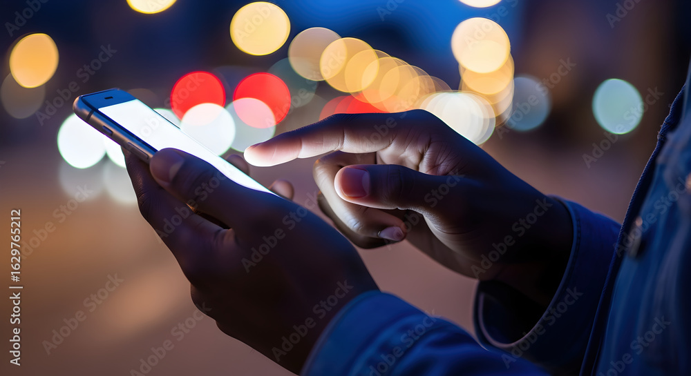 Poster hands using illuminated smartphone at night with bokeh city lights creating a modern technological a