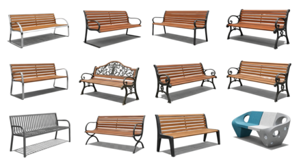 set of various style designs of park or outdoor waiting bench isolated with transparent background cutout - Generative AI


