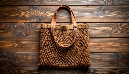 Brown mesh tote bag on wooden surface presenting an eco friendly option