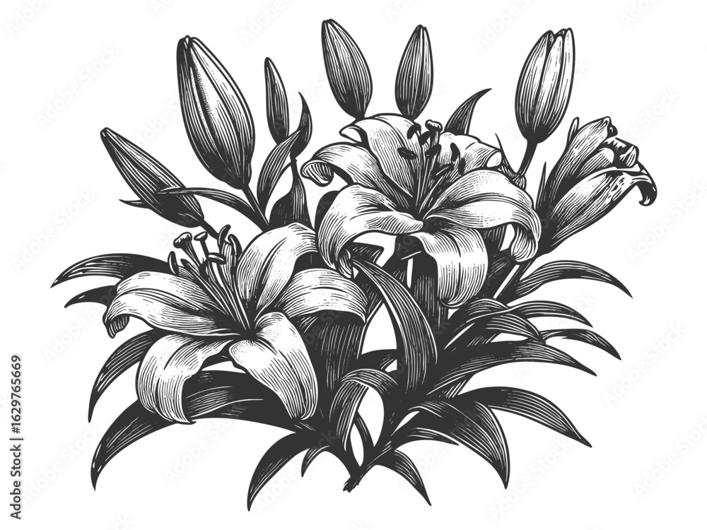 Poster lily flower sketch engraving generative ai fictional character vector illustration. scratch board im