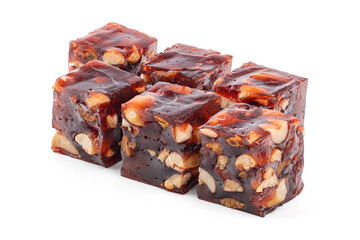 Sliced pieces of churchkhela with walnuts. Traditional Turkish dessert. Eastern sweet. Nuts.