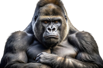 Obraz premium Closeup portrait of a powerful, muscular gorilla with intense eyes, isolated on transparent background