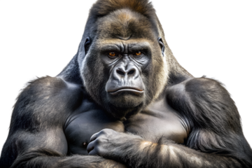 Closeup portrait of a powerful, muscular gorilla with intense eyes, isolated on transparent background