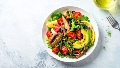 Sardine Salad Nutritious Bowl with Avocado and Cherry Tomatoes