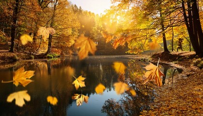 golden autumn leaves falling gracefully over a reflective pond in a tranquil forest concept of nature photography seasonal themes inspirational landscapes