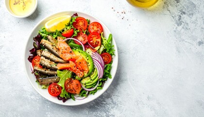 Nutritious and Visually Appealing Mediterranean-Inspired Salad with Salmon, Sardines, and Fresh Greens