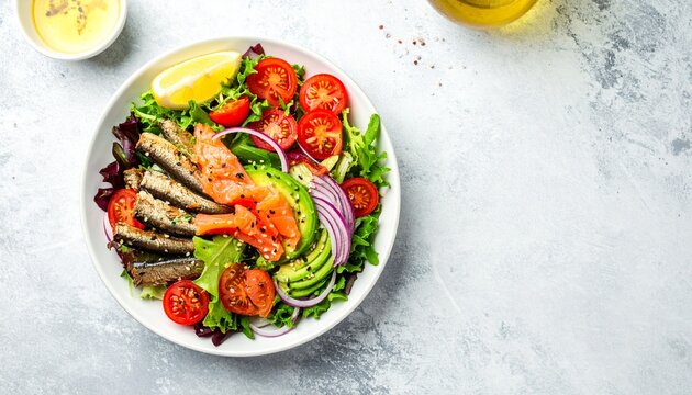 Nutritious and Visually Appealing Mediterranean-Inspired Salad with Salmon, Sardines, and Fresh Greens