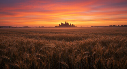 A wheat field at sunset with a distant castle silhouette under a vibrant sky of orange and pink hues