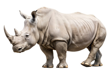 Fototapeta premium A rhinoceros standing in profile, isolated on transparent background, displaying its thick grey skin and prominent horn, a powerful wild animal