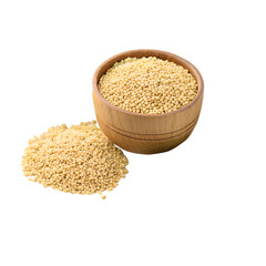 millet in wooden bowl with green spikelets on white background png