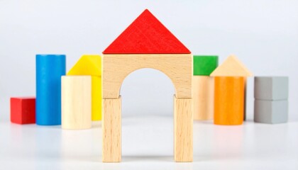 積み木 おもちゃ 玩具 木製 子供 遊び 家 アーチカラフル 赤 青 黄色 緑 木目 シンプル 構成 幼児教育 知育玩具 建築 創造性 想像力
