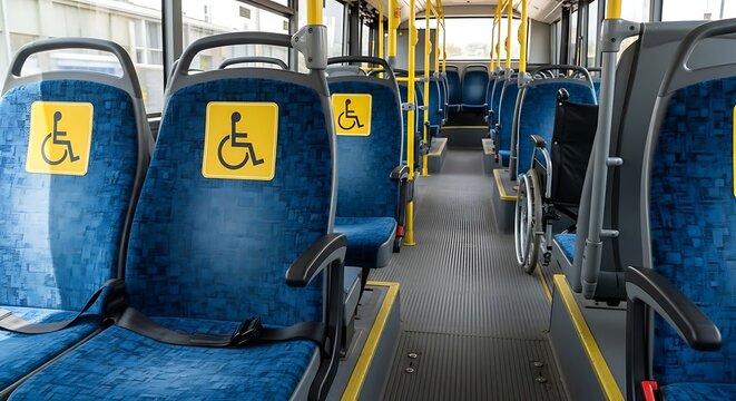 Interior of a public bus showcasing priority seating for individuals with disabilities