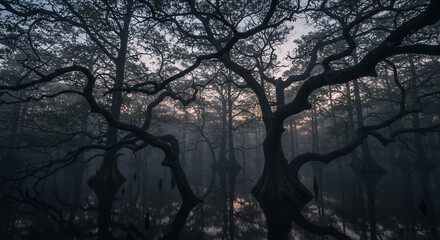 Trees silhouetted against a misty swamp landscape at dusk with reflections in the still water