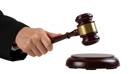 Judge s hand holding a gavel about to strike a sounding block isolated on transparent background
