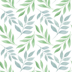 Watercolor seamless pattern of leaves on white background. Hand drawn botanical illustration for design, fabric, invitation, cover, wrapper, wedding, packaging, scrapbooking