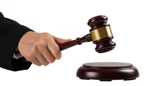 Judge s hand holding a gavel about to strike a sounding block isolated on transparent background - Powered by Adobe