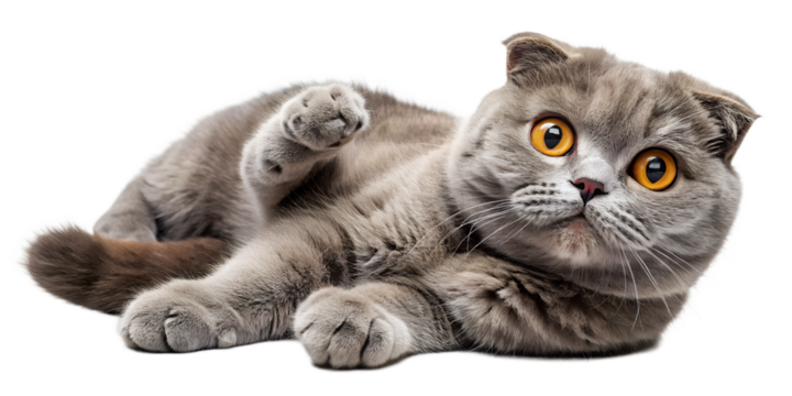 A cute, fluffy scottish fold cat with grey fur and bright orange eyes, lying on its back with paws in the air, looking curious, isolated on transparent background