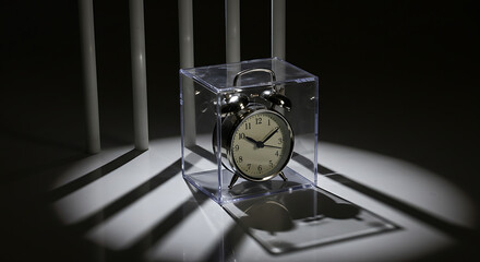 A surreal still life of a clear locked box containing a ticking alarm clock, placed on a reflective surface, with shadows cast like prison bars — symbolizing restricted time or procrastination.

