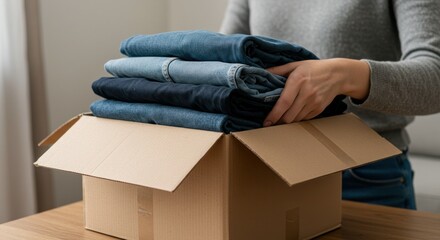 Woman packing clothes in box