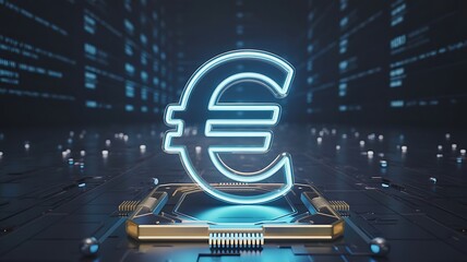 Glowing euro symbol on futuristic circuit board currency