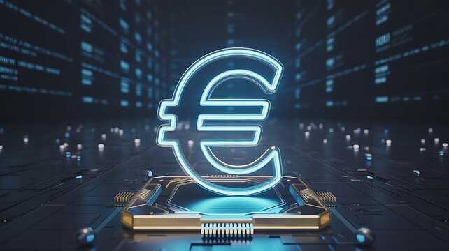 Glowing euro symbol on futuristic circuit board currency