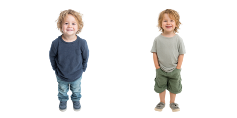 Set of smiling toddler boy stands in front of the camera isolated on a transparent background