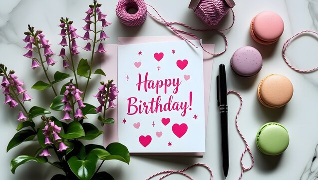 Beautiful 'Happy Birthday' card with pink hearts, arranged with colorful macarons, fresh flowers, and decorative items on a marble surface, perfect for sending joyful wishes and celebrating