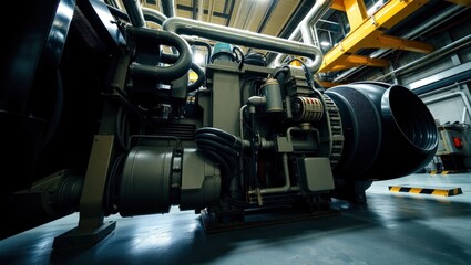 Obraz premium low-angle shot of a powerful industrial generator, its intricate machinery and pipes highlighted by the harsh light of a factory floor